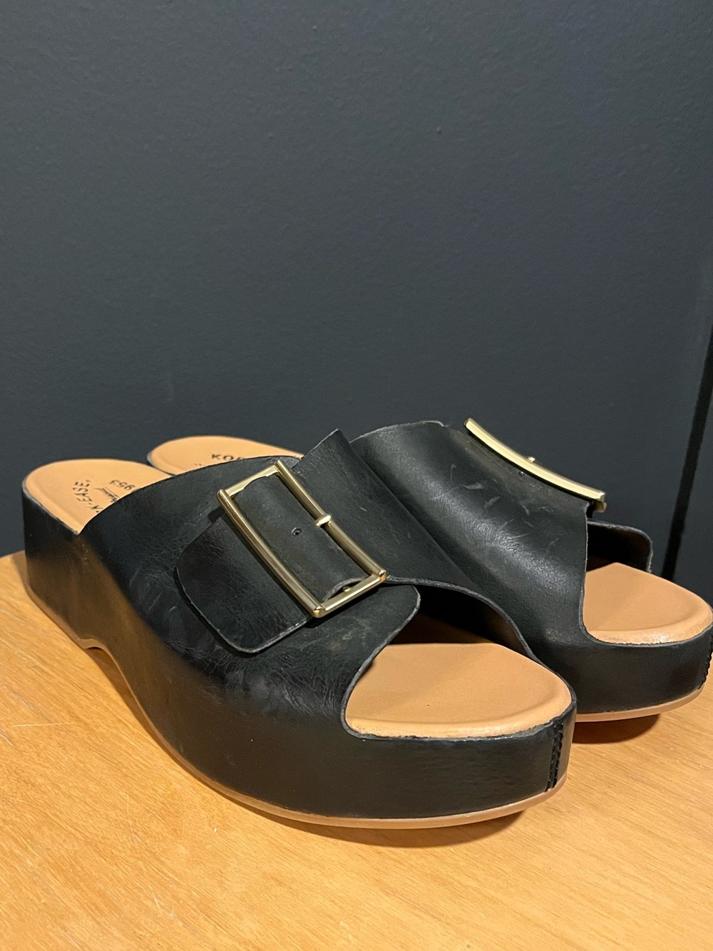 Kork-Ease York Leather Buckle Hardware Platform Slide Sandals